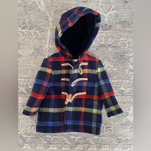 Burberry Kids Hooded Plaid Pea Coat - Navy, Red, Yellow